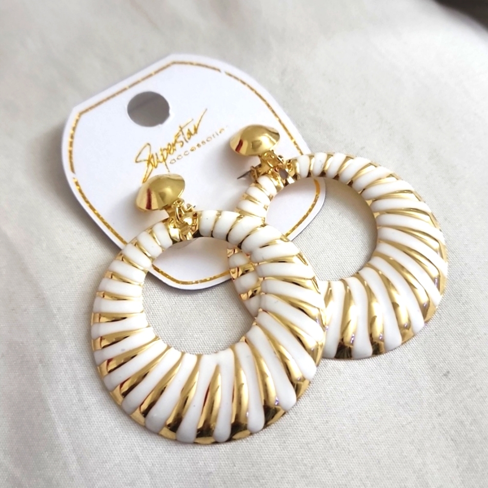3 for $18 Gold and White Candy Striped CLIP-ON Earrings NWT